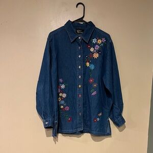 Vintage Silver Threads Boho Retro Embroidered Floral Denim Jacket Size Large